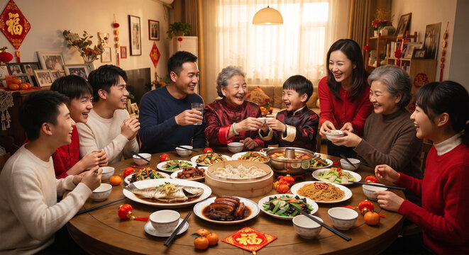 &nbsp;A warm, authentic lifestyle photograph of a multi-generational Asian family gathered around a round dining table for the traditional Chinese New Year's Eve reunion dinner (nian ye fan). 