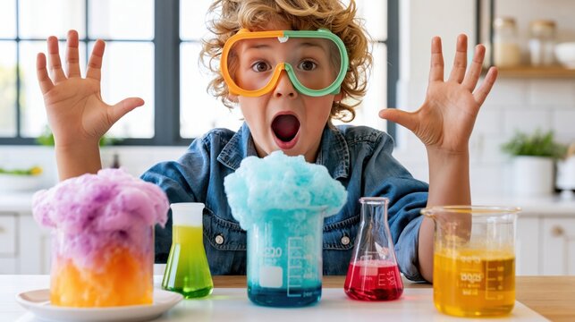 Excited boy wearing goggles watching colorful foaming science experiment