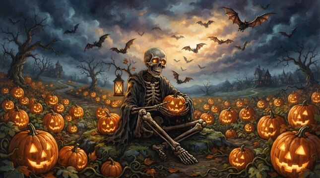 A spooky skeleton sitting on a chair in a dark pumpkin patch under a stormy night sky makes for a perfect festive halloween wallpaper background