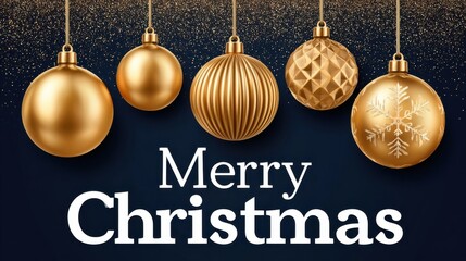 Obraz premium Golden Christmas ornaments hanging over dark blue background with Merry Christmas text