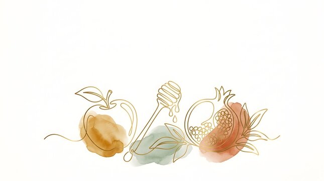 Minimalist gold line art illustration of apple honey dipper and pomegranate for Rosh Hashanah.