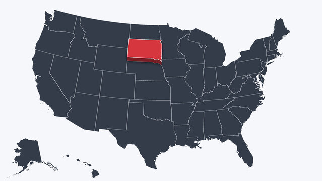South Dakota Raised in 3D on US Election Map Red Fill Scheme, White