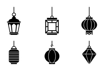 Naklejka premium Set of 6 Black Lantern Icons, Decorative Hanging Lights, Traditional Asian and Middle Eastern Lanterns, Vector Graphics