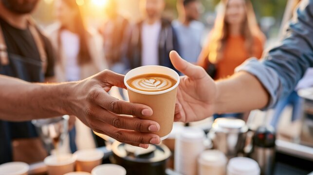 Barista handing paper cup with latte art to customer at outdoor coffee cart