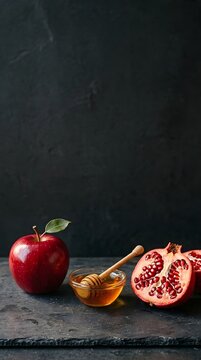 Fresh red apple and pomegranate with honey on a dark stone background,  perfect for Rosh Hashanah greeting 
