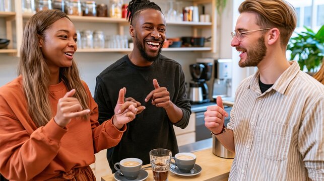 Deaf colleagues having animated signed conversation over coffee in modern cafe