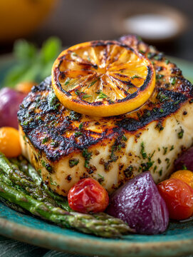 Grilled Halibut Steak with Charred Lemon and Roasted Vegetables on a Plate