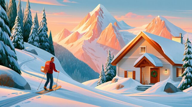 Courier on splitboard delivering package to snowed in mountain cabin at sunset