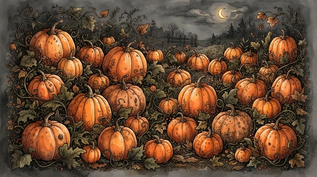 Handdrawn illustration of a pumpkin patch at night