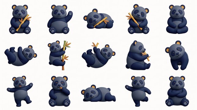 Fluffy Panda Characters in Playful Poses with Bamboo Isolated on White Background