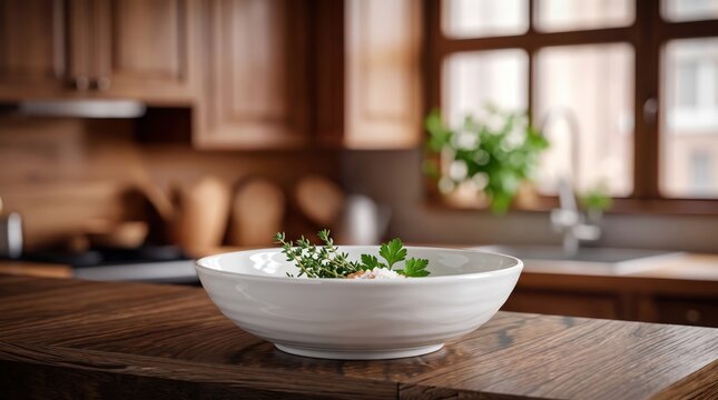 Fresh green herbs and spices in white ceramic bowl on rustic wooden kitchen table, healthy cooking ingredients with natural light and cabinetry interior design