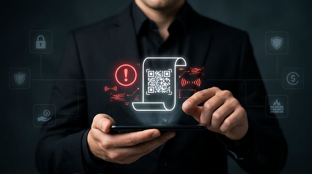 Businessman scanning QR code receipt with warning alert icon on smartphone