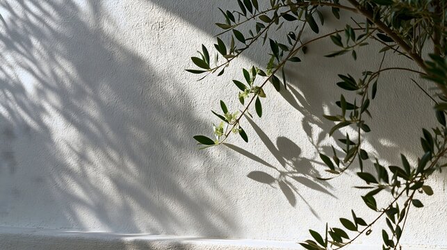 Olivenzweige mit sanften Bl&auml;tterschatten auf einer hellen Wand