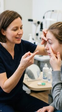 Smiling female optometrist holding a contact lens on her finger while guiding a young female patient on how to insert it in an eye care clinic