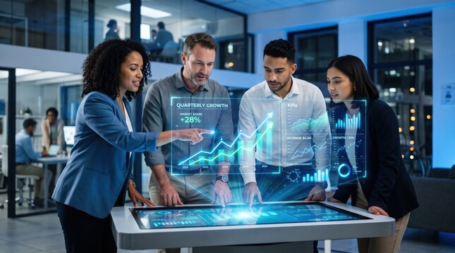Diverse business team analyzing quarterly growth charts and financial data on a futuristic digital touchscreen table in a modern office environment, corporate strategy meeting