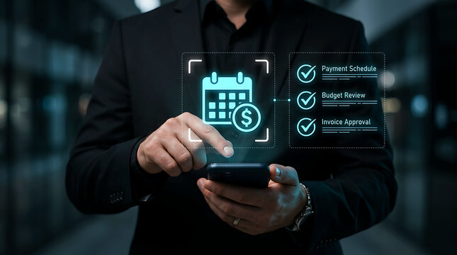 Businessman managing payment schedule budget review invoice approval phone