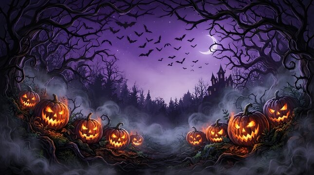 A spooky halloween wallpaper featuring glowing jack o lanterns in a misty dark forest with a purple night sky and a crescent moon for background