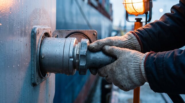 Worker Connecting Heavy Duty Electric Plug to Reefer Container Socket at Industrial Port