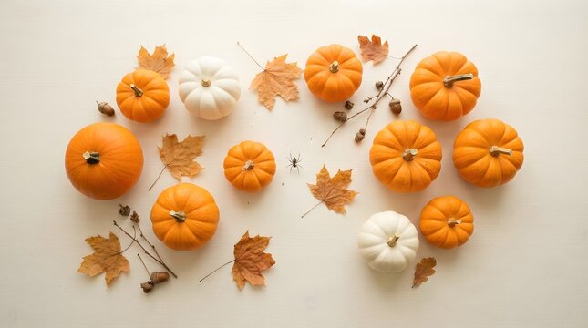 Flat lay of pumpkins and autumn leaves isolated on white background