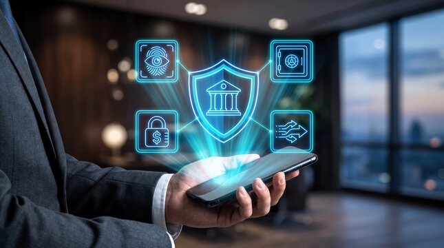 Professional businessman holds a sleek black smartphone displaying glowing blue digital icons representing bank security, financial protection, and modern data encryption.