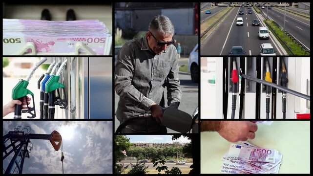 Crude Oil Production and Fuel Cost Collage With Man Refueling Vehicle. This multiscreen video integrates global oil production with consumer financial stress through a synchronized split screen layout