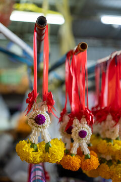 Thai Jasmine and Marigold Garlands Hanging on Display, Surat Thani, Thailand