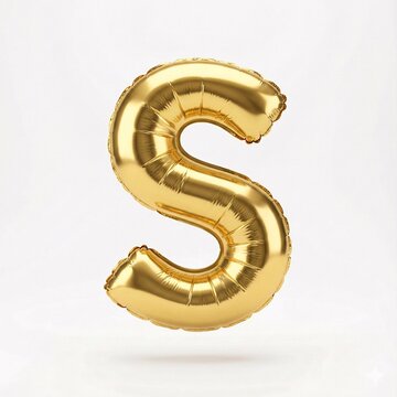 Golden foil balloon letter S floating in air. Shiny metallic alphabet character for celebrations and branding.