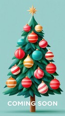 Obraz premium Christmas tree with colorful striped ornaments and star topper on teal background