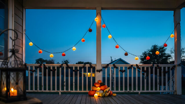 A porch decorated for halloween with glowing pumpkin string lights, bat silhouettes on the railing, and a pile of pumpkins on the wooden floorboards