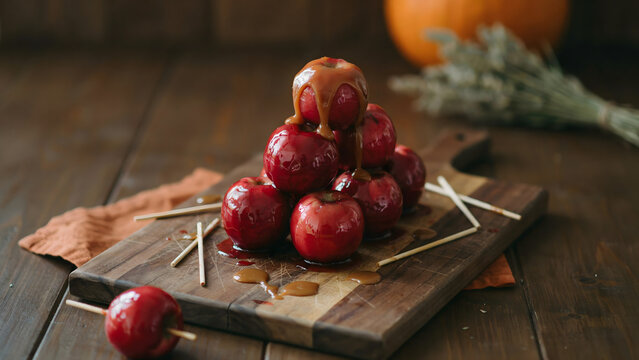 A pyramid of shiny red candy apples on a wooden board, decorated with sticks, served as a festive autumn treat on a dark rustic table