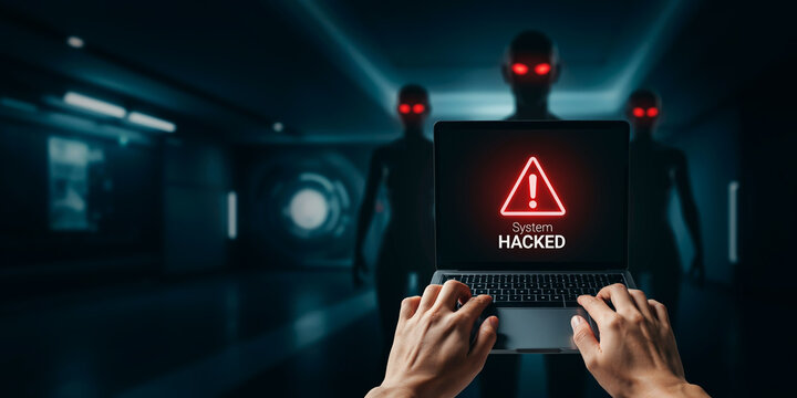 Hacker accessing laptop with system hacked warning in dark futuristic tech laboratory.
