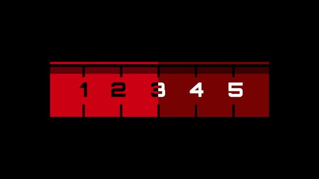 A glowing red gauge or ruler style meter numbered one through five displayed on a dark black background representing levels scale rating or progress