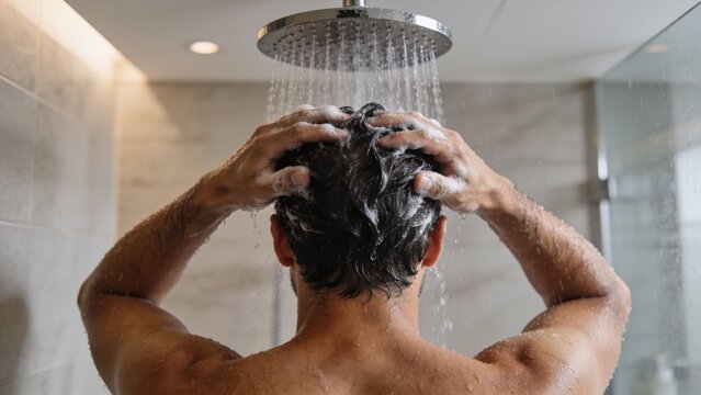Man washing hair with shampoo under flowing water in modern overhead rain shower.