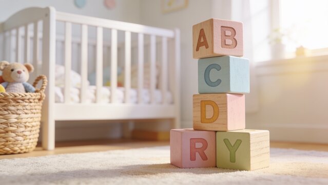 Colorful wooden alphabet blocks spelling BABY on a table in a bright nursery, creating a warm childhood mockup scene with copy space.
