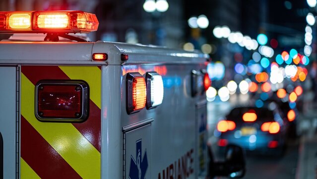 Emergency ambulance vehicle with flashing warning lights driving through city traffic at night during medical response.