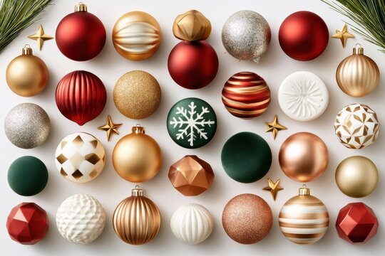 Top down flat lay of assorted Christmas ornaments on white background