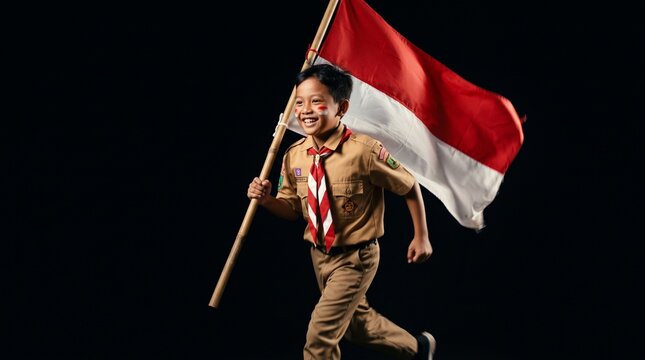 Happy Indonesian Scout Boy Running with Red and White Flag on Black Background
