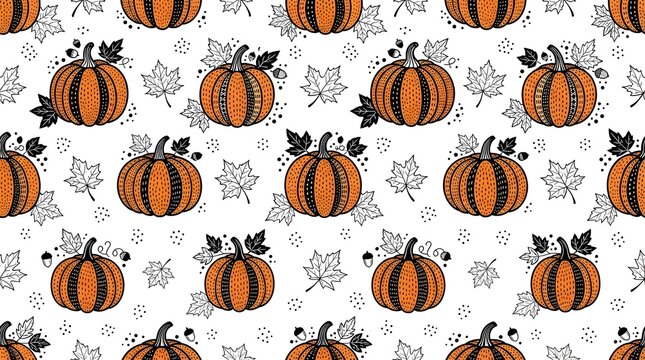 Seamless pattern with decorative pumpkins and autumn leaves
