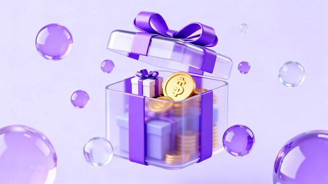 Floating open transparent glass gift box with purple ribbon bow filled with gold dollar coins and small wrapped gifts for cashback bonus promotion and reward concepts