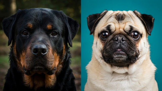Split portrait of a powerful Rottweiler and a cute Pug dog side by side