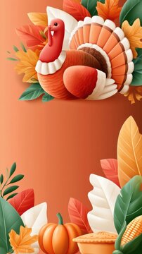 Thanksgiving turkey with autumn leaves pumpkin pie and corn on warm orange gradient background