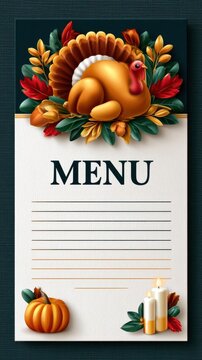 Thanksgiving menu card with roasted turkey, autumn leaves, pumpkin, and candles on dark linen background