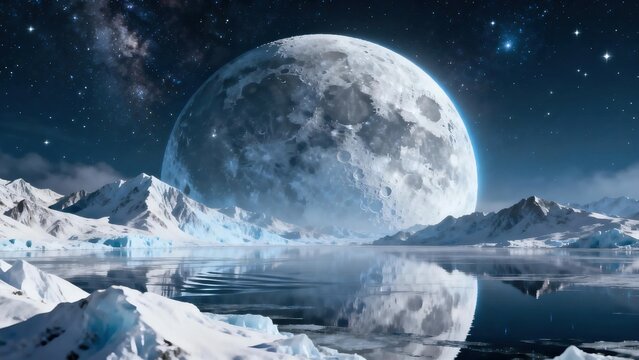 Huge full detailed moon rising over snow covered icy mountains with calm reflective lake under starry night sky, fantasy dramatic arctic natural landscape