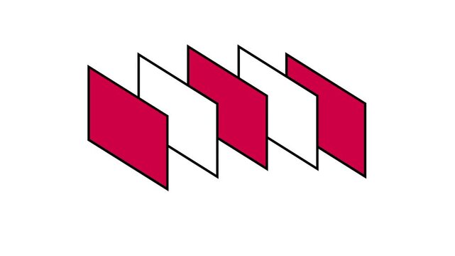 A neat zigzag row of red and white overlapping flag or pennant shapes arranged diagonally in a repeating sequence on a clean plain white background