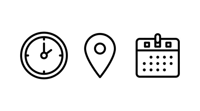 Minimalist clock, location pin and calendar icons set