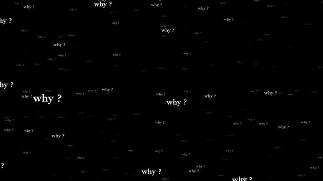 The single word why repeated many times in faded white text of different sizes and angles scattered across a dark black background showing confusion
