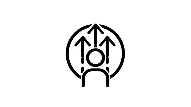 A black circular badge icon showing a person with upward pointing arrows on either side on a clean white background symbolizing growth and success