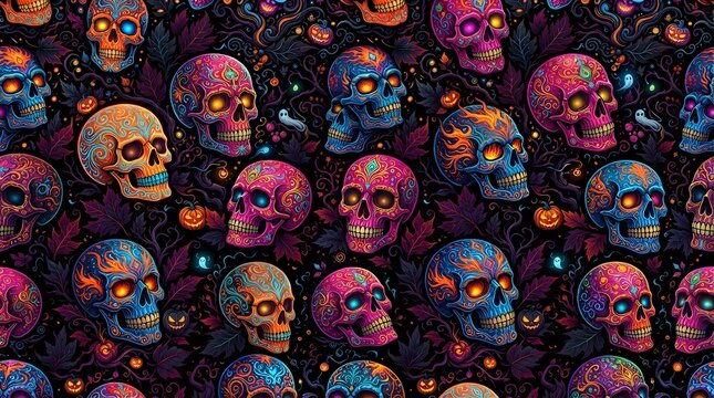 Seamless halloween pattern with colorful sugar skulls and pumpkins