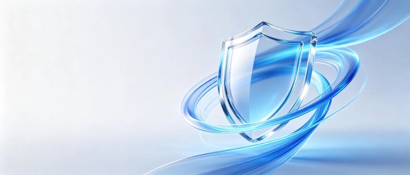 Transparent glossy glass protection shield surrounded by flowing blue wavy light for digital cybersecurity data protection and secure privacy technology concepts