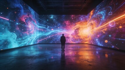 Silhouette of person watching colorful immersive digital space universe projection on massive wall in modern gallery. © Curioso.Photography